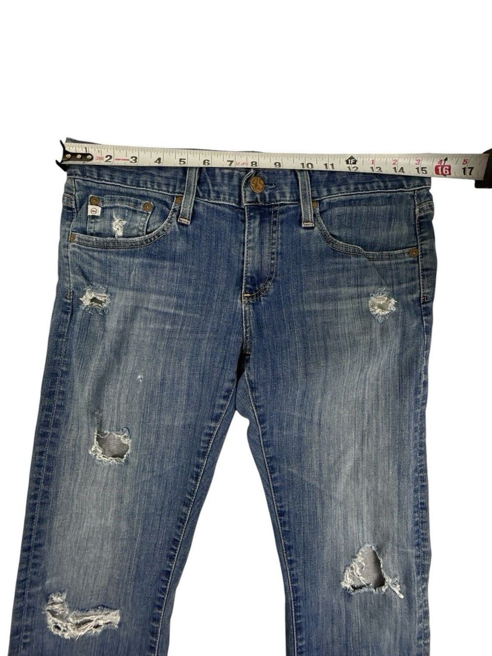 AG Adriano Goldschmied Distress Jeans 27 Blue Denim Tomboy Crop Relaxed Straight - Picture 8 of 9